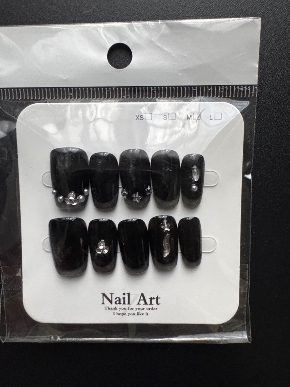 Black Press-On Nails with Silver Glitter Tips and Rhinestones - Picture 3 of 3